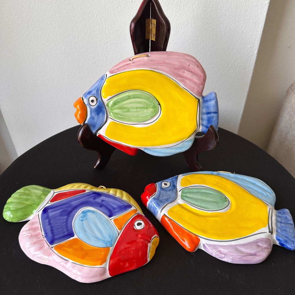 Set of 3 LA MUSA Italy Hand Painted Ceramic Fish Colorful MCM Wall Plaques Set 1